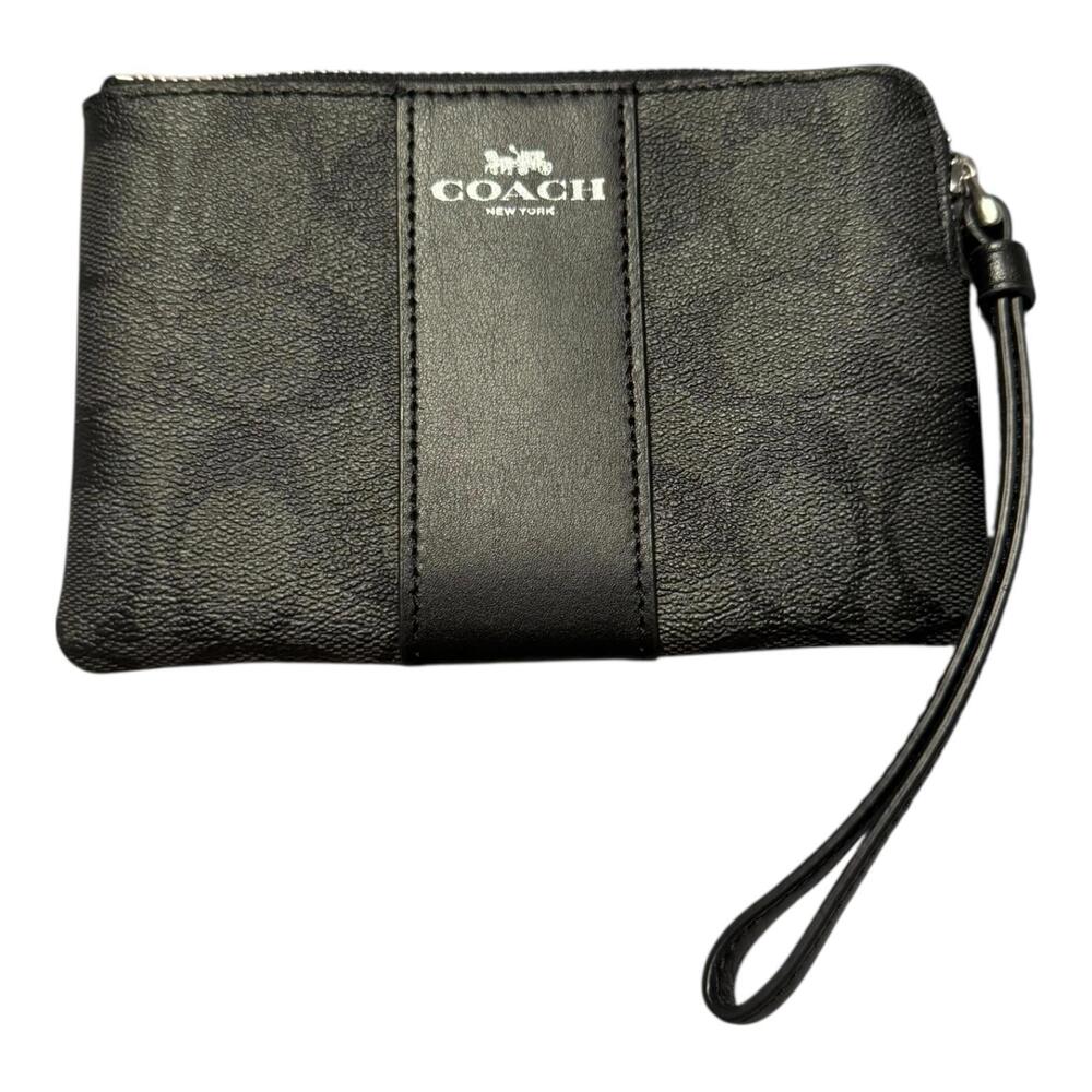 Coach Signature Black Canvas & Leather Stripe Wristlet (circa 2020-2024)